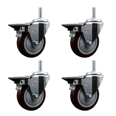 Service Caster 5 Inch Maroon Polyurethane Wheel Swivel 34 Inch Threaded Stem Caster Set with Brake SCC SCC-TS20S514-PPUB-MRN-PLB-34212-4